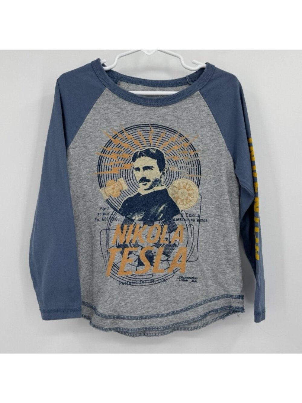 Peek Kids Boy's Nikola Tesla Raglan Long Sleeve Tee size XS/4-5 Cotton T-Shirt